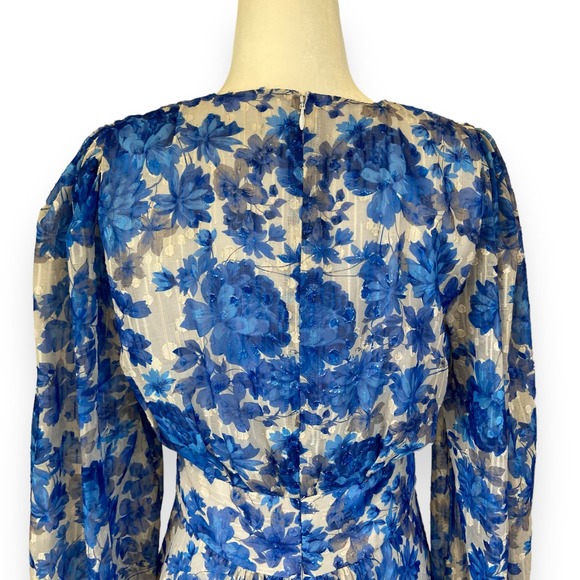 Alex Marie Simone Cobalt Floral Print Puff Sleeve Tiered A-Line V-neck Dress - Picture 6 of 8